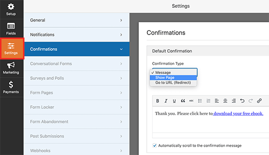 Confirmação do formulário Confirmação do formulário