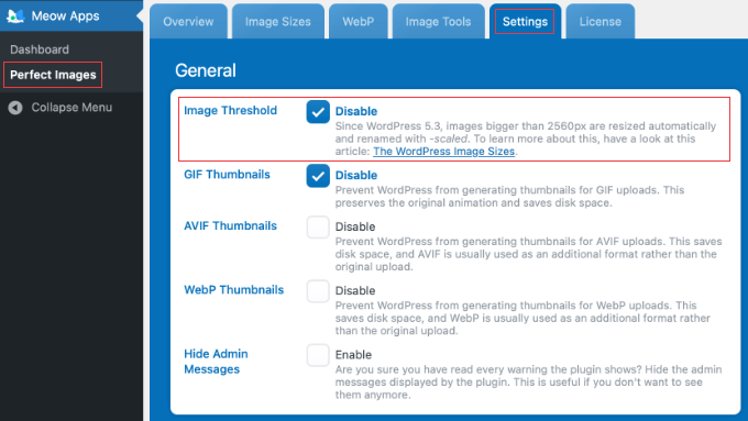 Dezactivarea pragului de imagine cu un plugin în WordPress