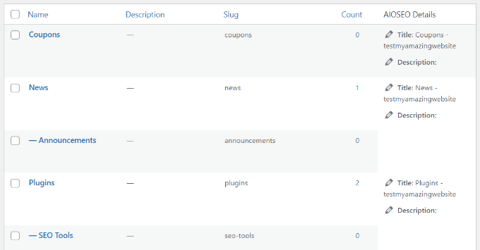 Anteprima della struttura delle categorie