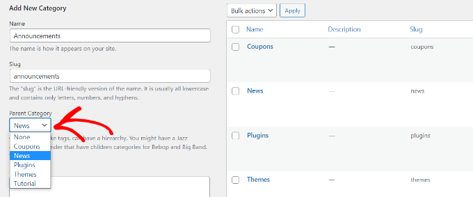 Seleziona una categoria genitore