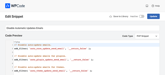 Disable Automatic Updates Emails snippet in WPCode Disable Automatic Updates Emails snippet in WPCode
