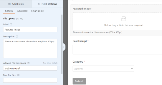 Change featured image form field settings