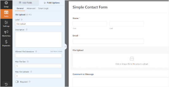 Configuring setting for file upload form field