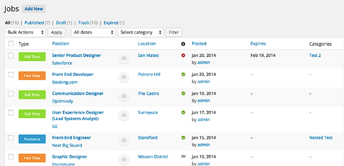Tableau de bord des annonces de WPJobManager