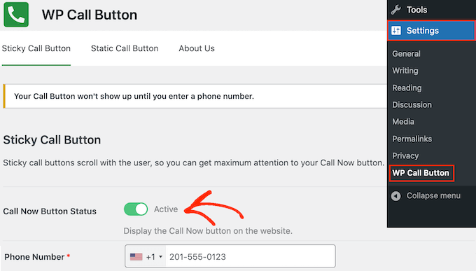 Aggiunta di un pulsante clicca per chiamare a un blog o sito web WordPress