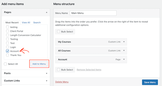 WordPressメニューにクライアントポータルリンクを追加する