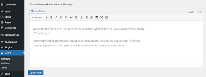 WordPressクライアントポータルにクライアント固有のメッセージを追加する