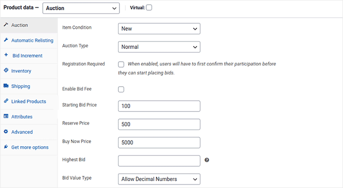 Auction settings in Auctions Made Easy for WooCommerce