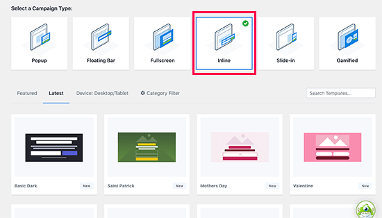 Choose inline campaign type and template Choose inline campaign type and template