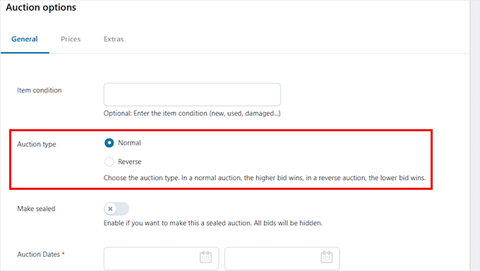 Choose auction type in YITH Auctions