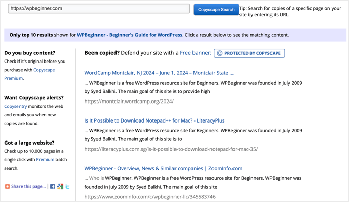 Risultati contenuti rubati di Copyscape