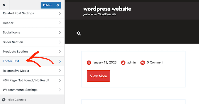 Modifica delle impostazioni del footer nel Personalizzatore di WordPress