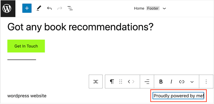 Modifica dei link 'Powered by' utilizzando l'editor completo del sito (FSE) di WordPress