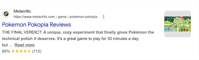 An example of a game review in the search results