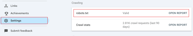 Abrindo o relatório robots.txt nas Configurações do Google Search Console Abrindo o relatório robots.txt nas Configurações do Google Search Console