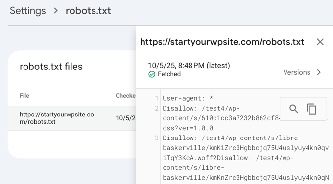 Relatório robots.txt do Google Search Console mostrando um arquivo válido Relatório robots.txt do Google Search Console mostrando um arquivo válido