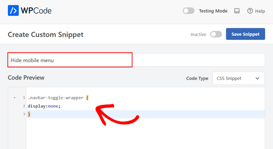 Hiding the mobile menu using WPCode