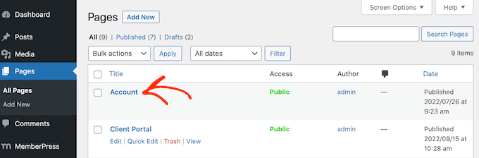 デフォルトのメンバーアカウントページ