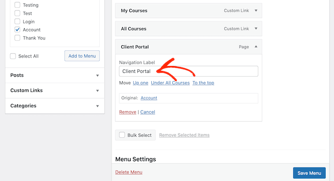 クライアントポータルのナビゲーションラベルをカスタマイズする