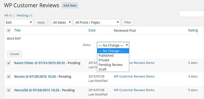 Moderate reviews in WP Customer Reviews