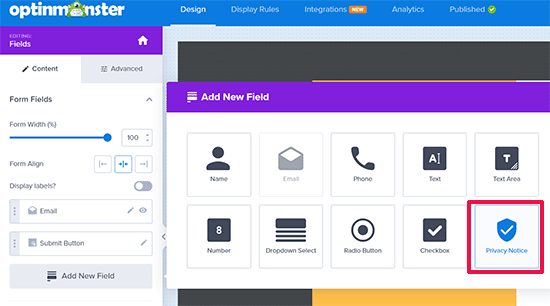 Privacy notice in OptinMonster Privacy notice in OptinMonster