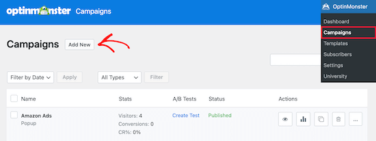 Ajouter une nouvelle campagne OptinMonster