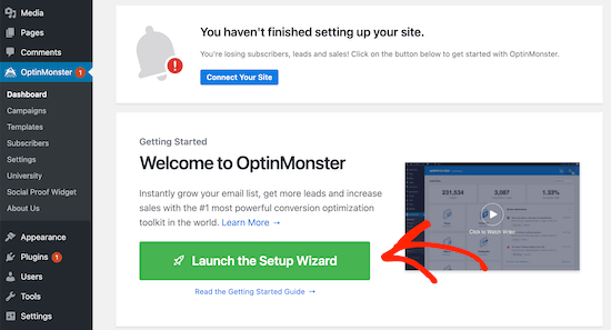Menu principal OptinMonster