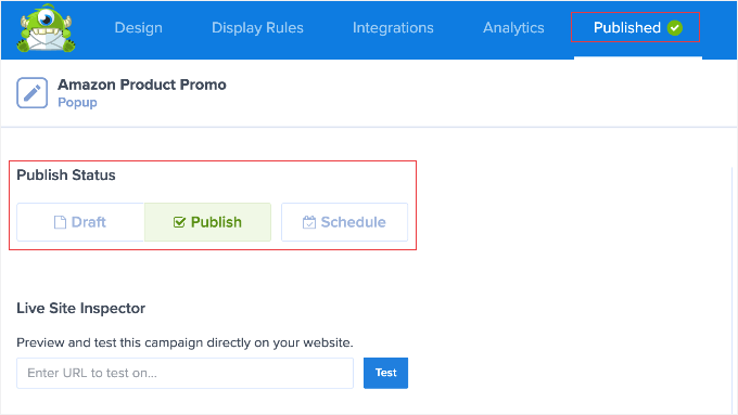 Changing the OptinMonster Status to Publish