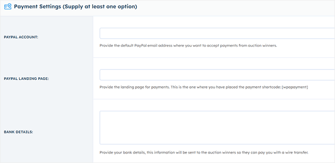PayPal payment settings in WP Auctions