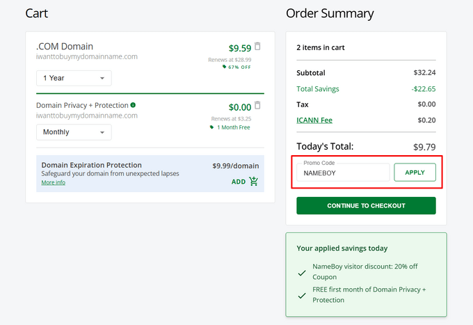 Enter the Network Solutions promo code and click the Apply button