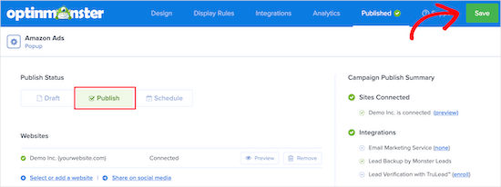 Publier la popup OptinMonster
