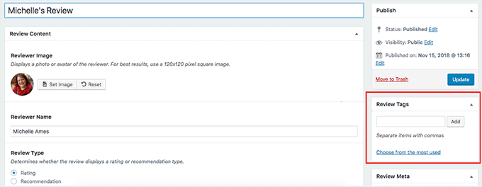 Review tags in WP Business Reviews