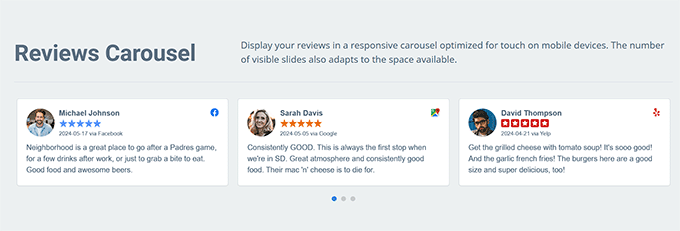 Reviews carousel in WP Business Reviews