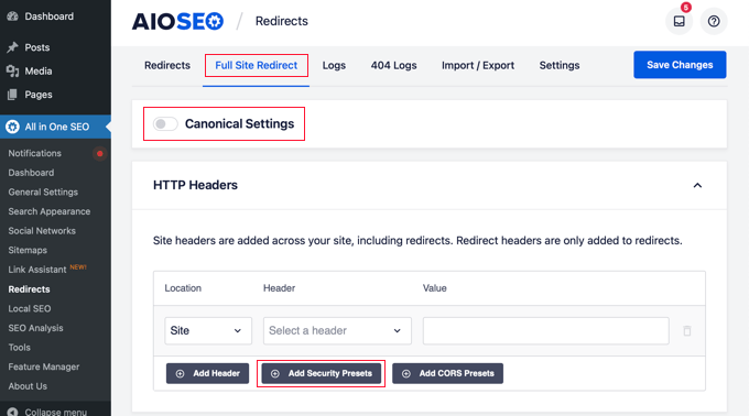 Add Security Presets in AIOSEO Add Security Presets in AIOSEO