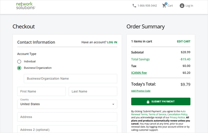 Network Solutions Checkout Page