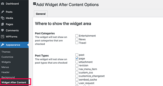 Widget after content settings Widget after content settings