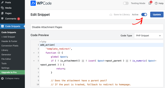 Clicking the toggle to activate a code snippet in WPCode before hitting update Clicking the toggle to activate a code snippet in WPCode before hitting update
