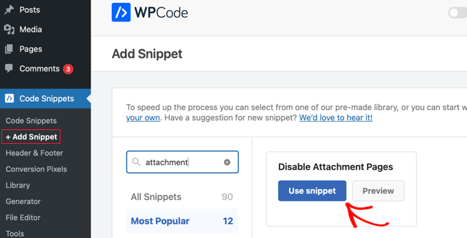 Using WPCode search to remove attachment pages Using WPCode search to remove attachment pages