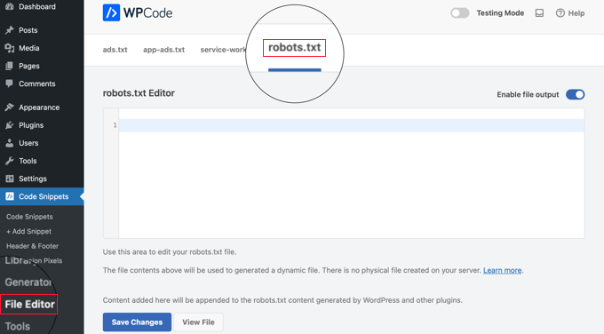 Editor de robots.txt do WPCode Editor de robots.txt do WPCode