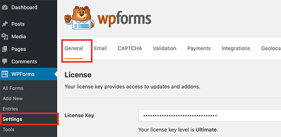 WPForms settings WPForms settings