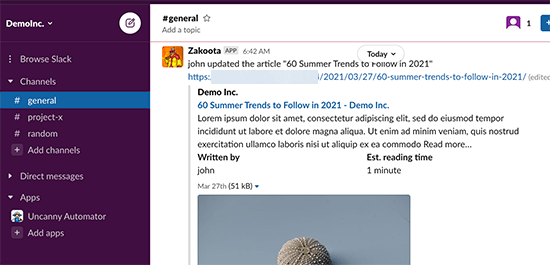 A WordPress notification displayed in a Slack channel A WordPress notification displayed in a Slack channel