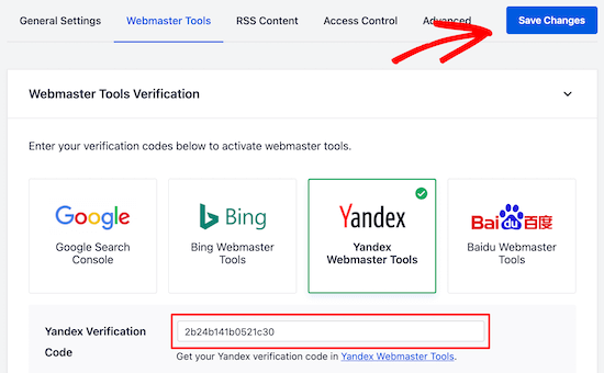 Ajouter le code de vérification Yandex