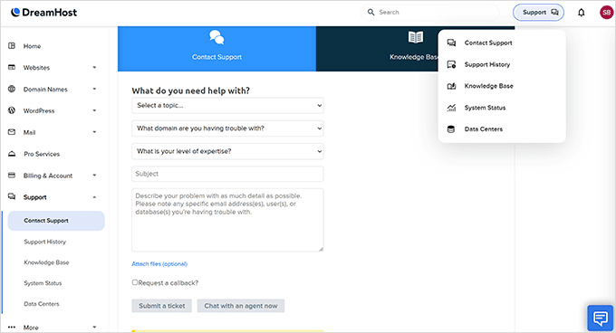 DreamHost support dashboard screenshot