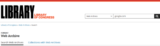 Webarchiv der Library of Congress Geben Sie die Website-URL in die Suche der Library of Congress ein