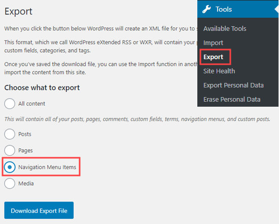 The Export Navigation Menu Items option in the Export tool The Export Navigation Menu Items option in the Export tool