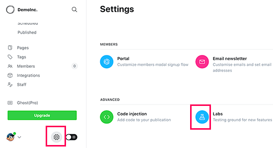 Ghostの設定からラボページにアクセスする
