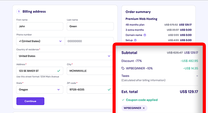 Hostinger Faktureringsinformation och orderöversikt