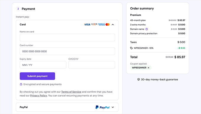 Hostinger Payment method and payment information