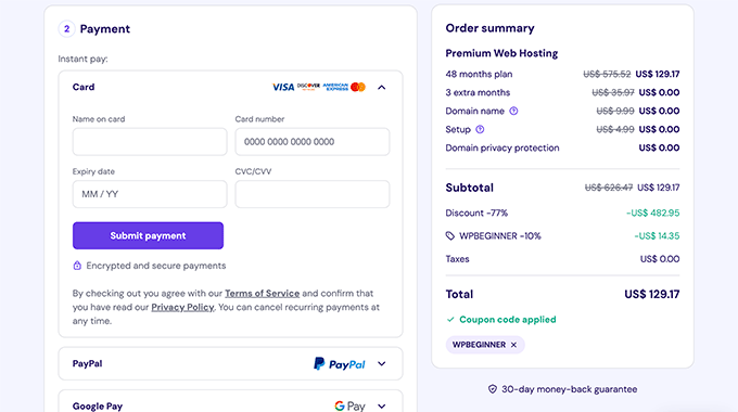 Hostinger Betalningsmetod och betalningsinformation