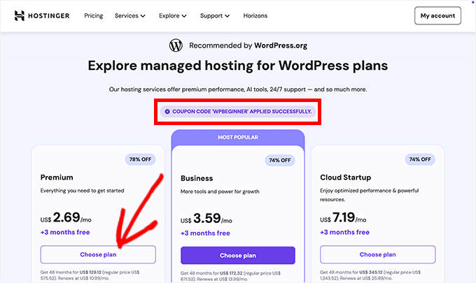 Hostinger välj en prisplan